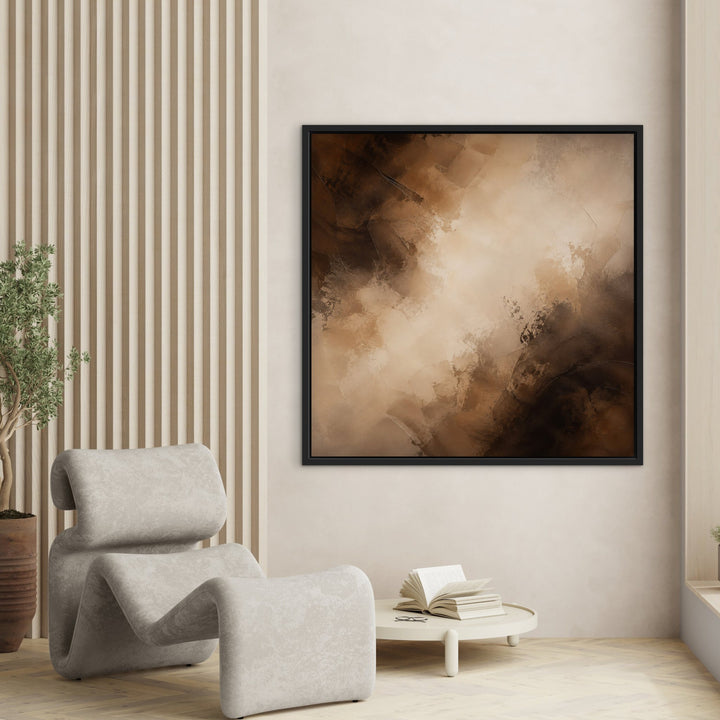 Truffle Clouds brown abstract framed canvas by bistro table, black frame