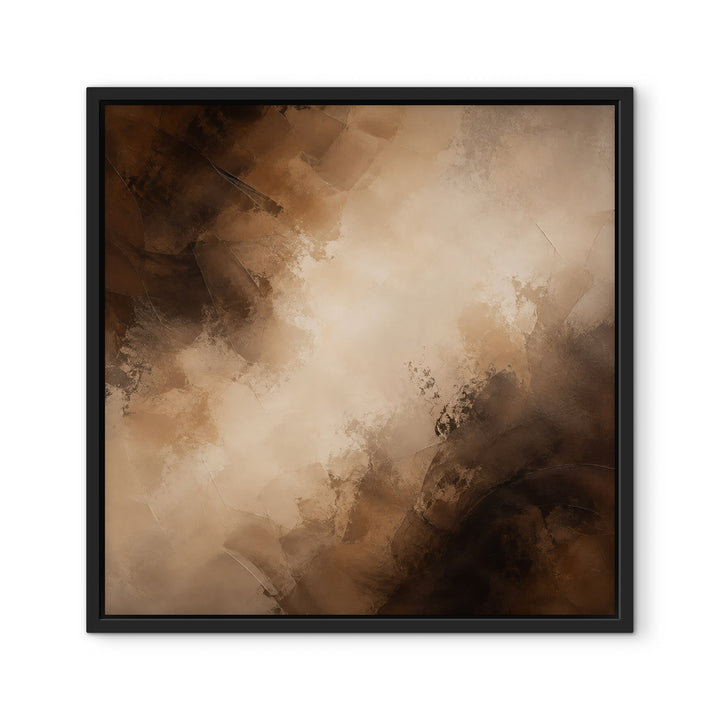 Truffle Clouds brown abstract framed canvas, black frame, front view