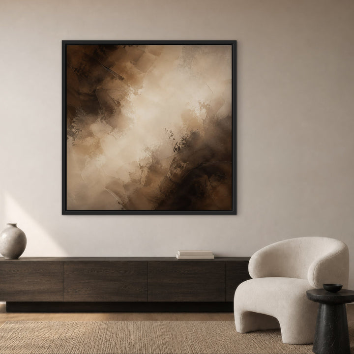 Truffle Clouds square brown abstract framed canvas above cream sofa, black frame
