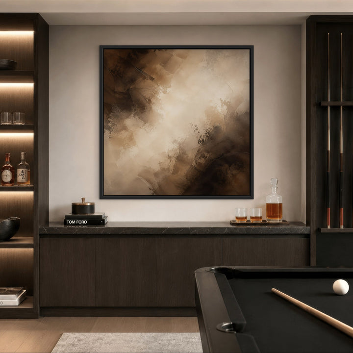 Truffle Clouds brown abstract framed canvas in games room, black frame