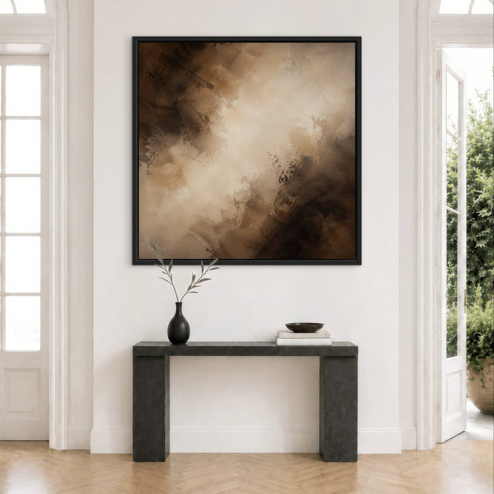 Truffle Clouds brown abstract framed canvas above hallway console, black frame