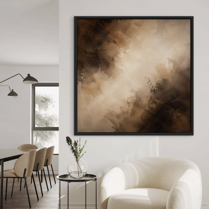 Truffle Clouds brown abstract framed canvas in luxury lounge, black frame