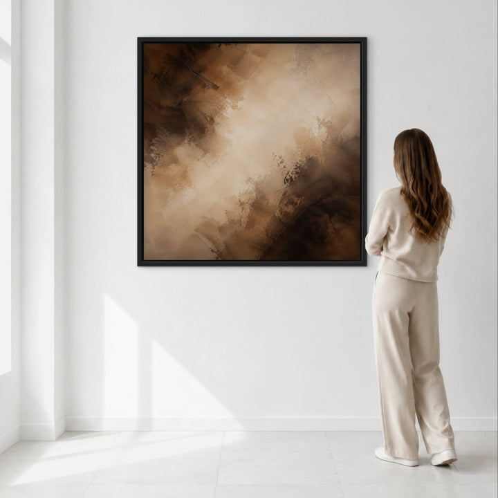 Truffle Clouds brown abstract framed canvas scale view, black frame