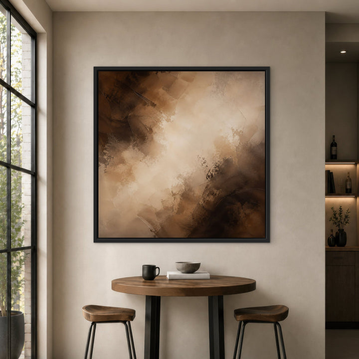Truffle Clouds brown abstract framed canvas by slatted wall lounge, black frame