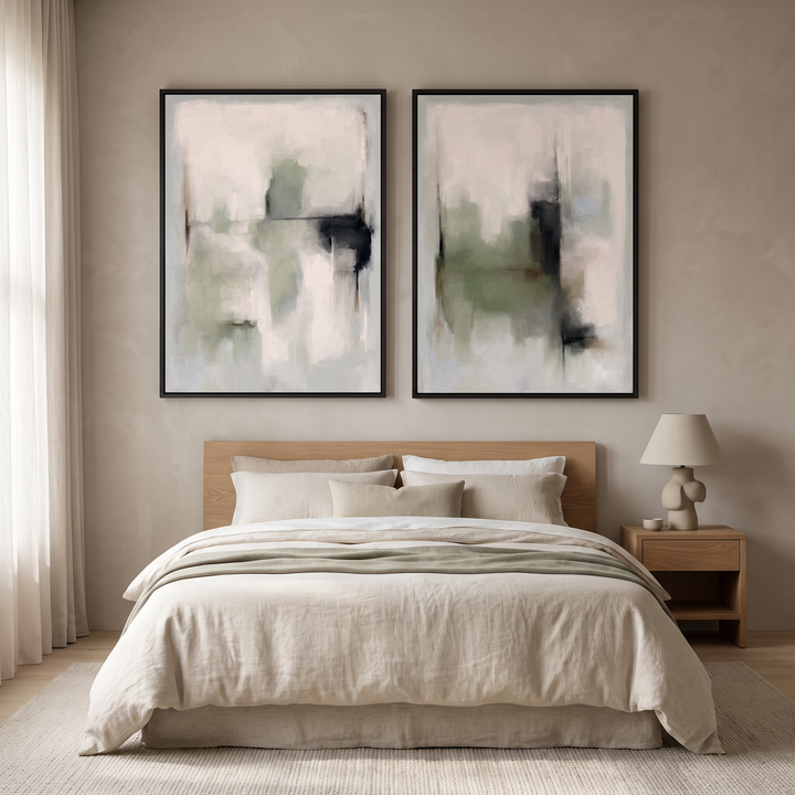 Tuscany Green set of 2 framed canvas in black frames above an oak bed with linen bedding - sage green abstract wall art pair
