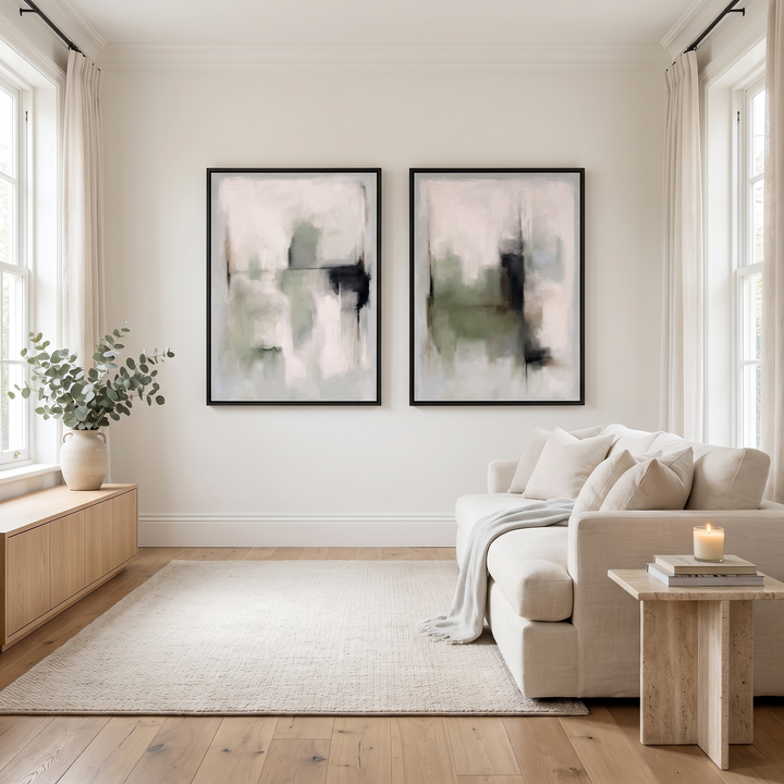 Tuscany Green set of 2 framed canvas in black frames in a bright living room with linen sofa - sage green abstract wall art pair