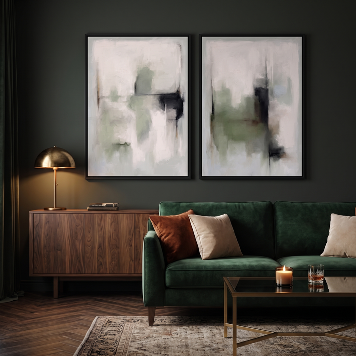 Tuscany Green set of 2 framed canvas in black frames on a dark green wall with velvet sofa and brass lamp - sage abstract wall art pair