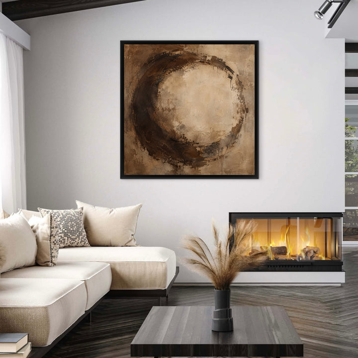 Umber Halo brown abstract square framed canvas in a luxury living room