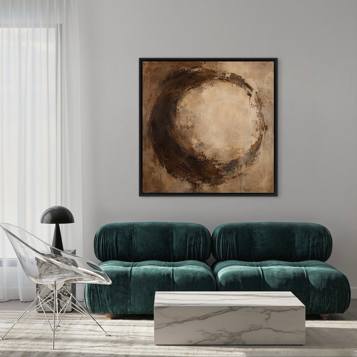 Umber Halo brown abstract square framed canvas styled room view