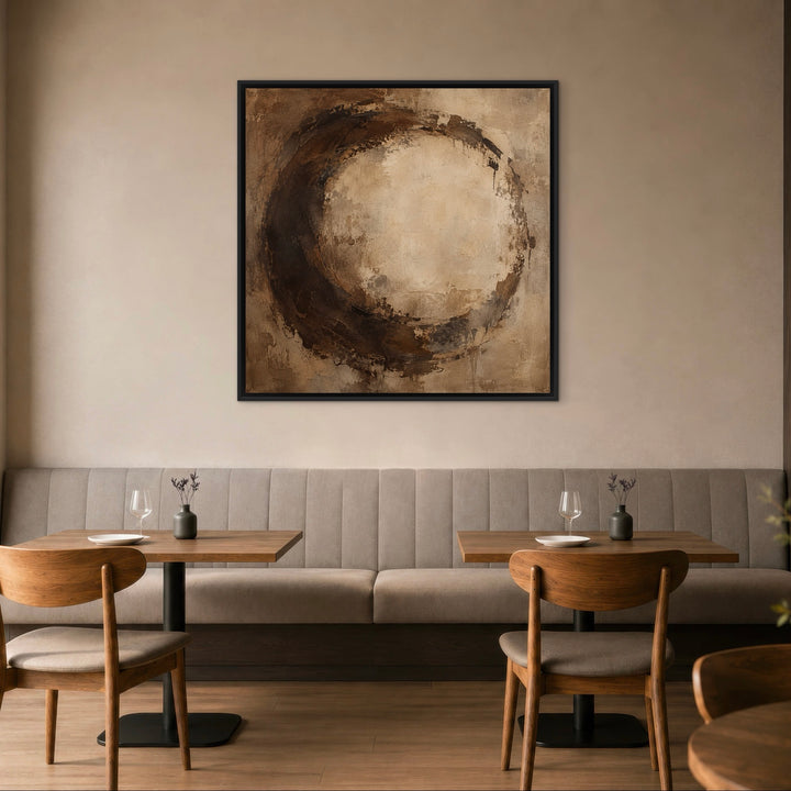 Umber Halo brown abstract square framed canvas styled room view