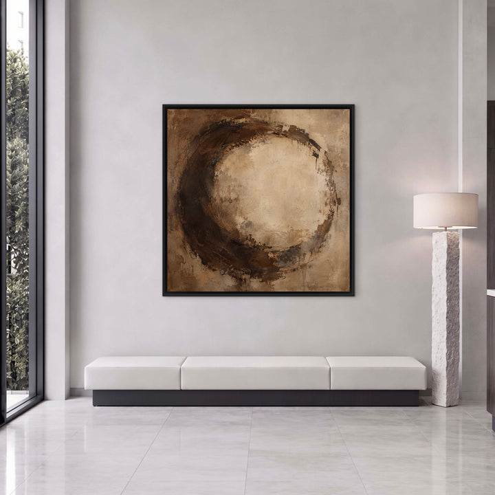 Umber Halo brown abstract square framed canvas styled room view