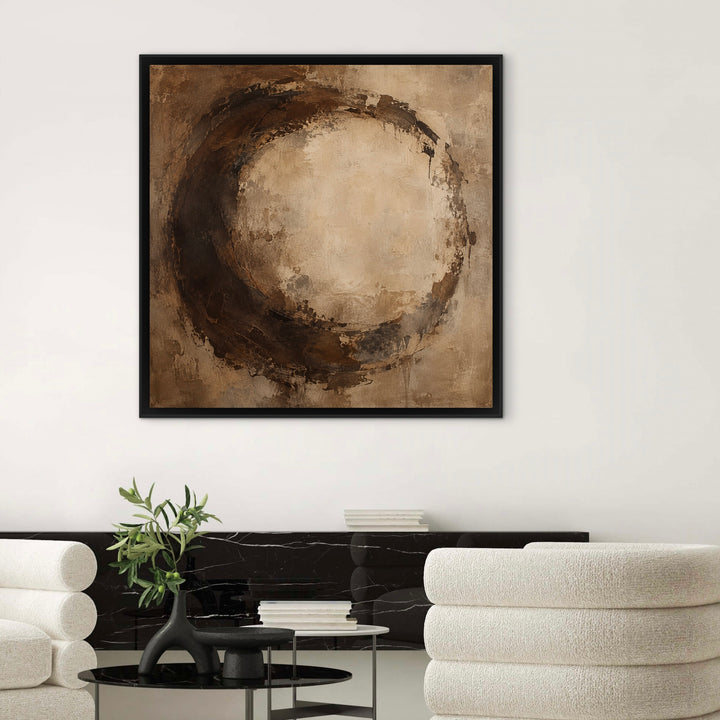 Umber Halo brown abstract square framed canvas styled room view