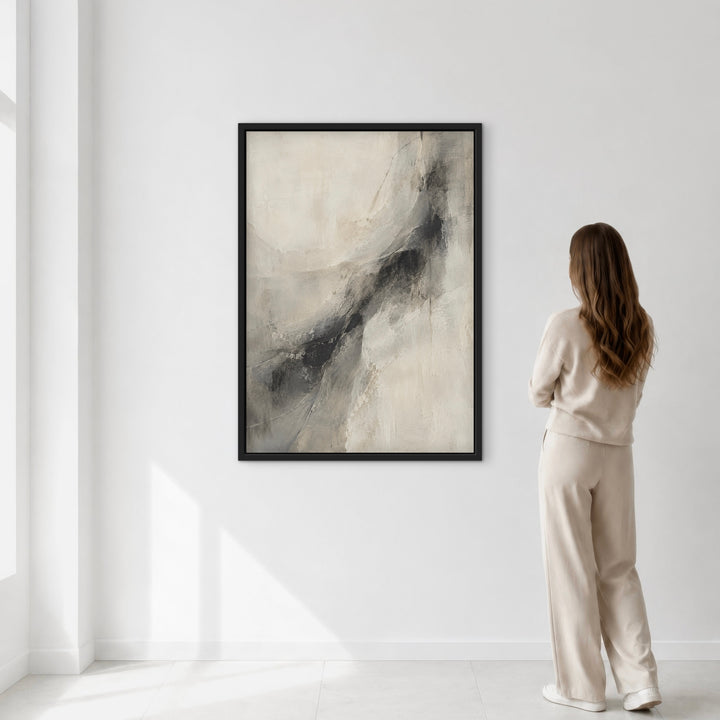 Veiled Carbon grey abstract portrait framed canvas shown with a person for scale
