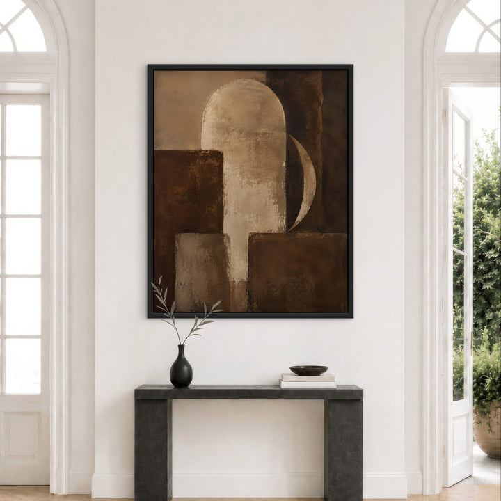Walnut Geometry mid-century brown framed canvas above arch console, black frame