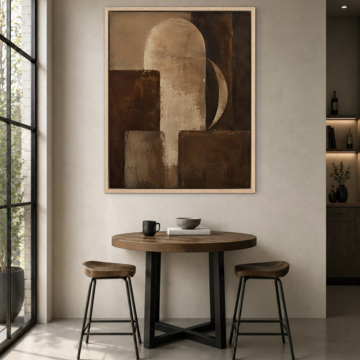 Walnut Geometry mid-century brown framed canvas by bistro table, natural frame