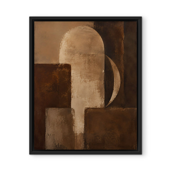 Walnut Geometry mid-century brown framed canvas, black frame, front view