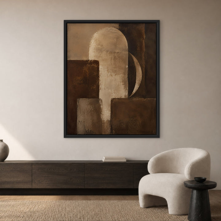 Walnut Geometry mid-century brown framed canvas above console, black frame