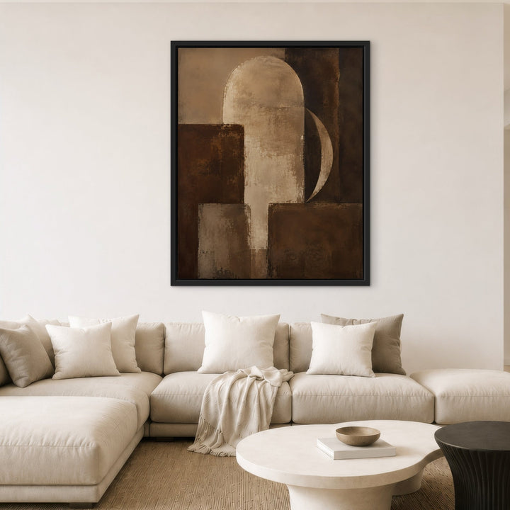 Walnut Geometry mid-century brown framed canvas above cream sectional, black frame