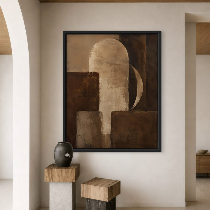 Walnut Geometry mid-century brown framed canvas with plinths, black frame