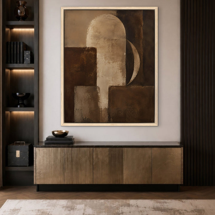 Walnut Geometry mid-century brown framed canvas above shelf, natural frame