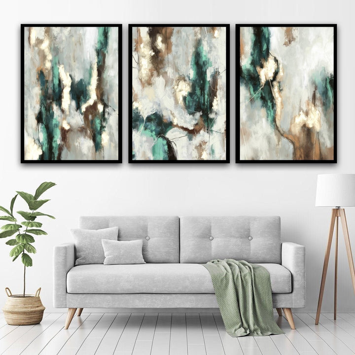 Abstract  Minimalist Art Styled With A Light Grey Sofa, Wood Tripod Floor Lamp, Woven Basket Plant, And Soft Sage Throw. Perfect For A Minimalist Living Room.