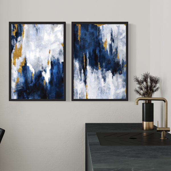 Abstract Art set of 2 prints - Navy Blue & Gold