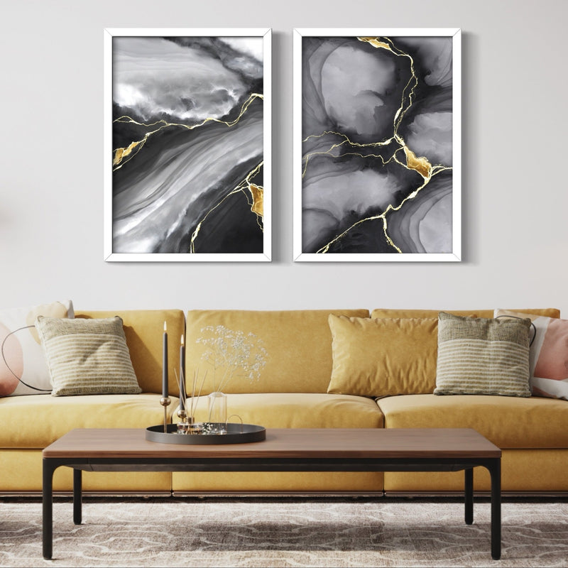 Abstract Art set of 2 Framed Prints - Black, Gold and Grey Astrazióne - HD London