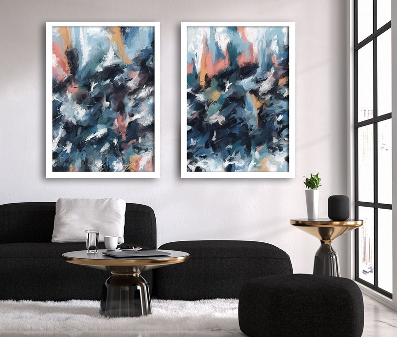 Abstract Art set of 2 Framed prints - Blue City in the Rain - HD London
