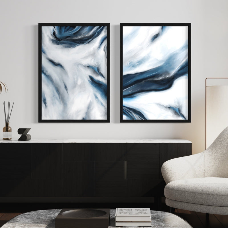 Abstract Art Set of 2 Framed prints - Blue & White Marbled Sea - HD London