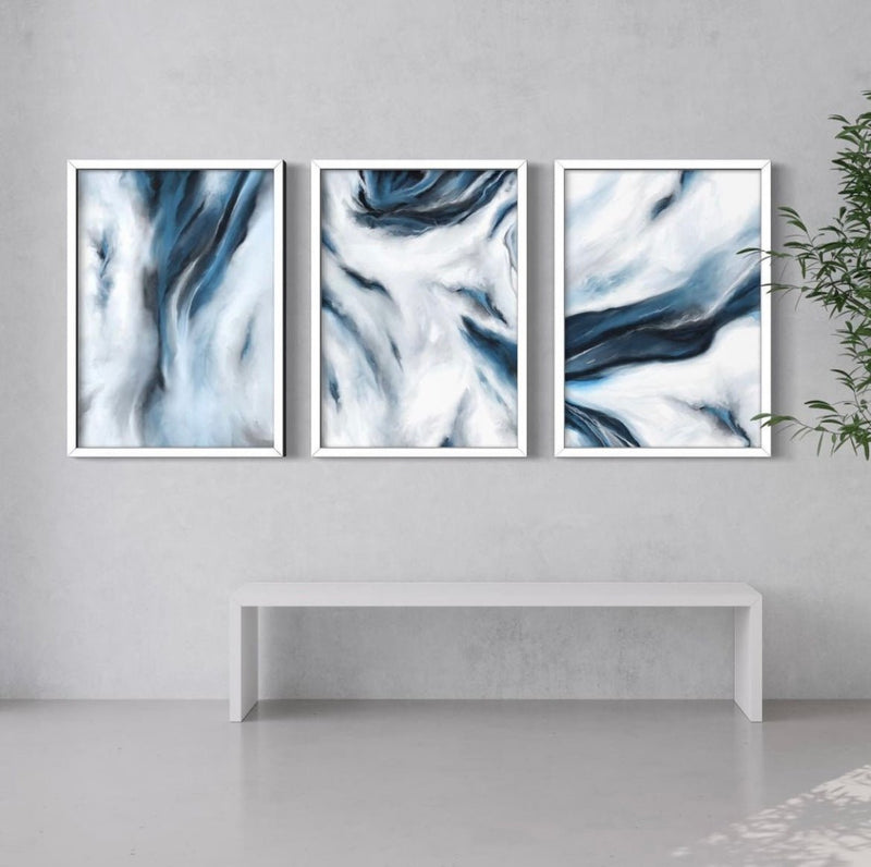 Abstract Art set of 3 framed prints - Blue & White Marbled Sea - HD London
