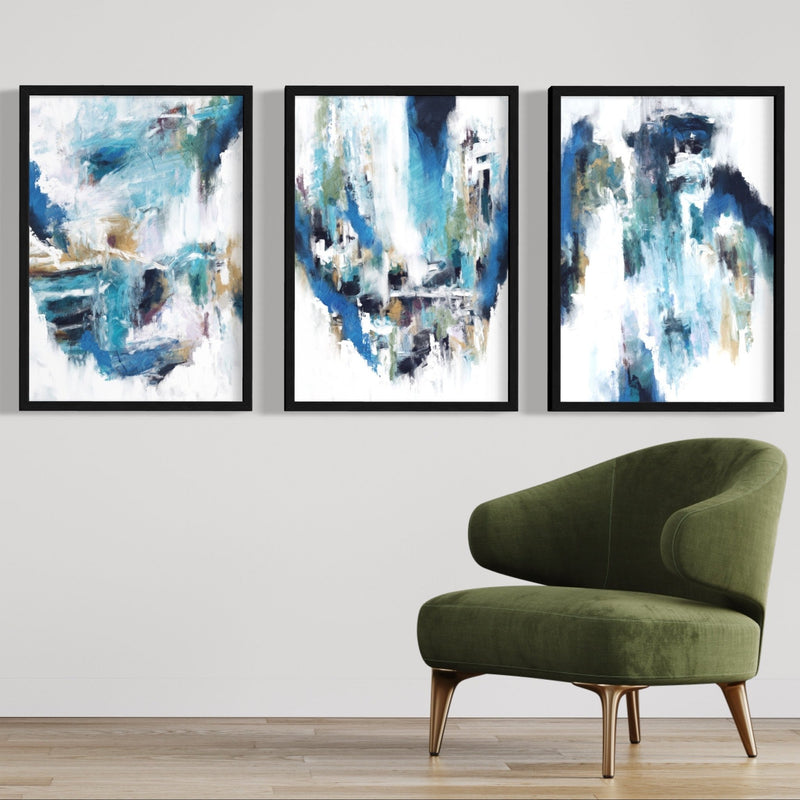 Abstract Art set of 3 Framed prints - Blue & White Streaking Rain - HD London
