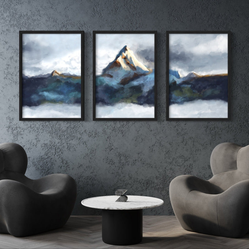 Abstract Art set of 3 Framed prints - Winter Mountains Portrait - HD London