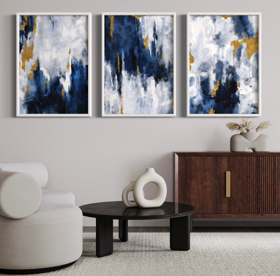 Abstract Art set of 3 prints - Navy Blue & Gold – HD London Art