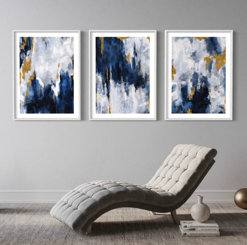 Abstract Art set of 3 prints - Navy Blue & Gold
