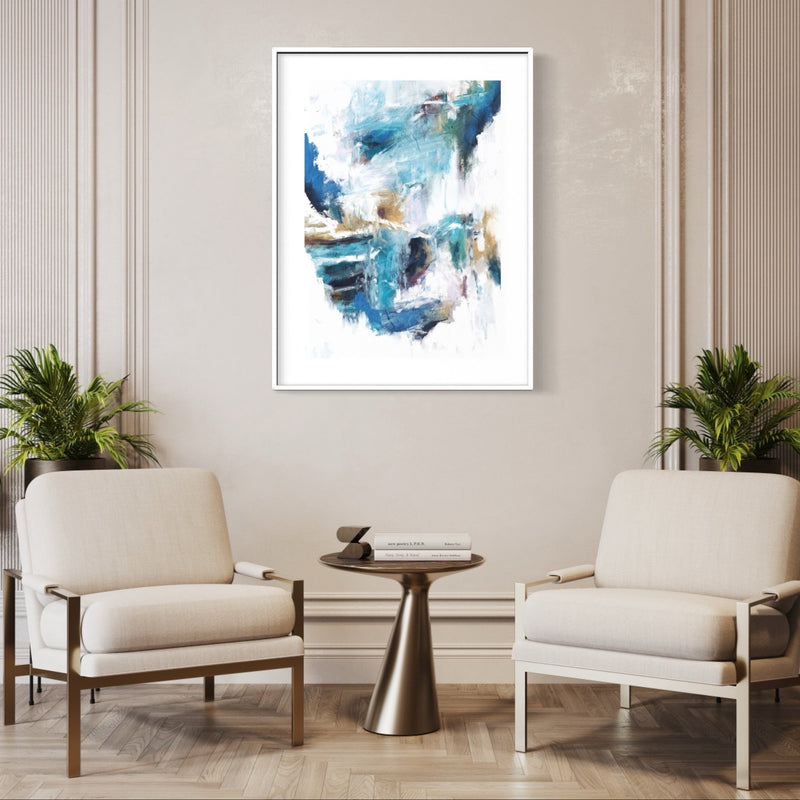 Set of 1 - Abstract Art Painting 'Blue & White Streaking Rain' Framed Prints - HD London