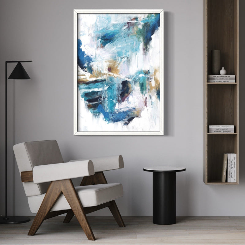 Set of 1 - Abstract Art Painting 'Blue & White Streaking Rain' Framed Prints - HD London